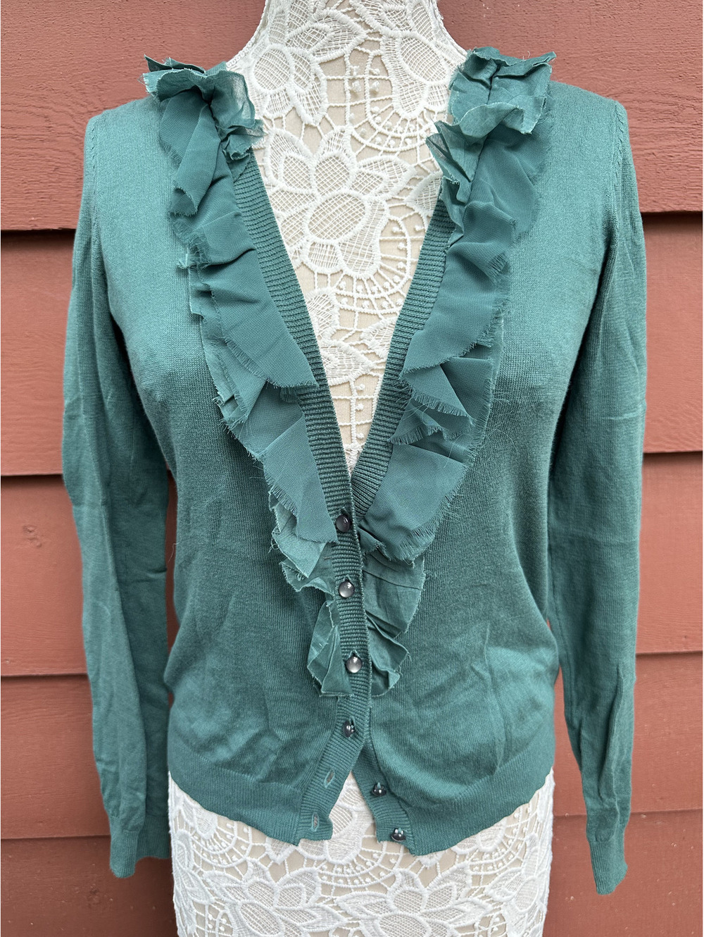 Bisou Bisou Green Teal Ruffle Trim Cotton Cardigan Bohemian
